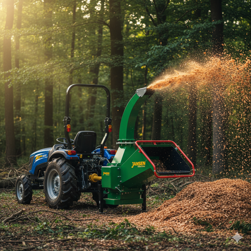 a tractor with a wood chipper attached to the back of the tractor with a large branch going into the chipper and being sprayed out of the chipper.