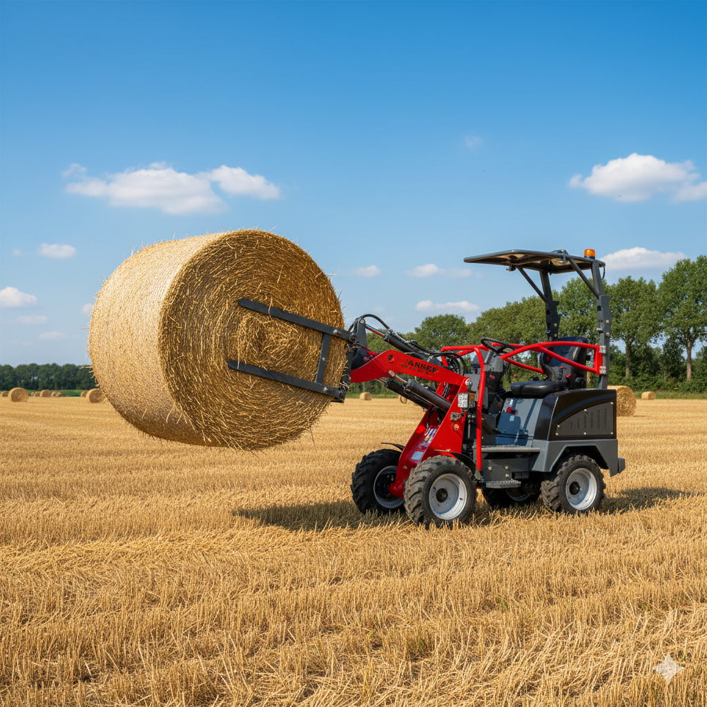 The Jansen HL-500E electric mini loader, equipped with bale clamps, lifts a large round hay bale in a sunny golden field with scattered hay bales and distant trees under a blue sky.