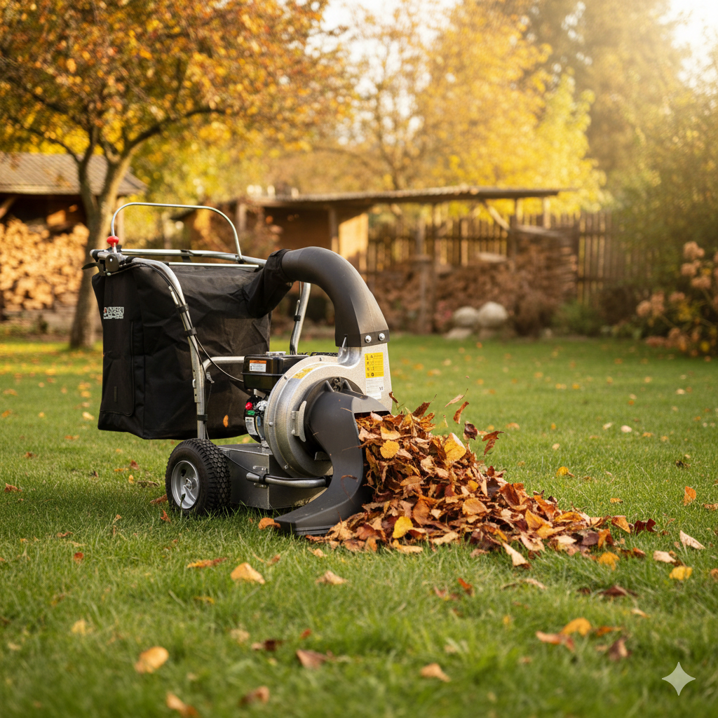 Aspirateur à feuilles Jansen LS-100 en action sur une pelouse verte jonchée de feuilles d'automne. La machine, avec son grand sac de collecte, aspire efficacement un tas de feuilles, démontrant la facilité du ramassage en automne.