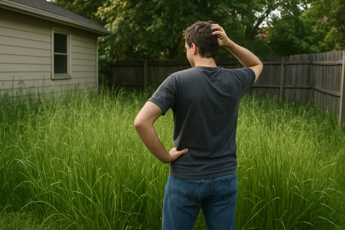 a person looking at their garden with tall grass unsure what to do about it