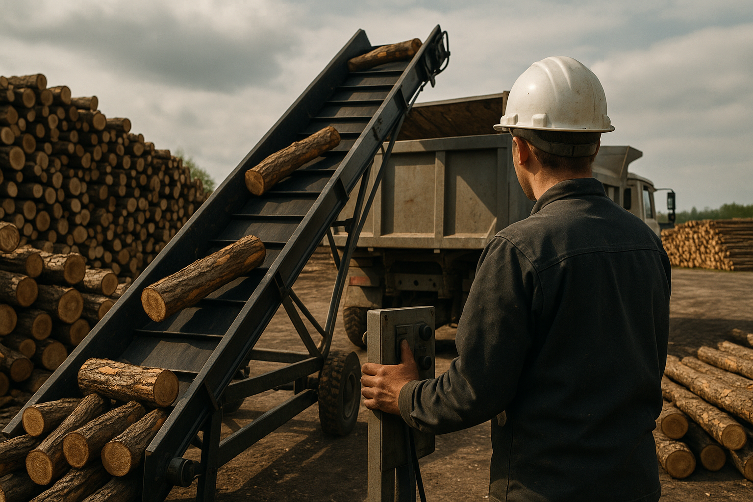 a person using a conveyer belt to load logs in a truck