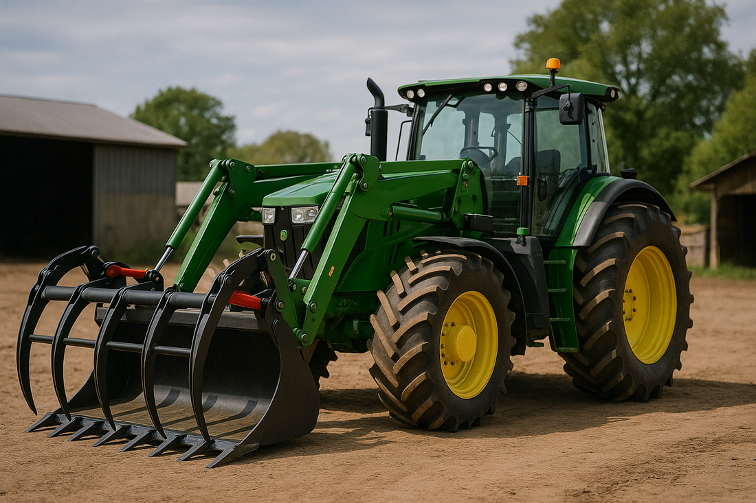 a tractor with a grapple bucket