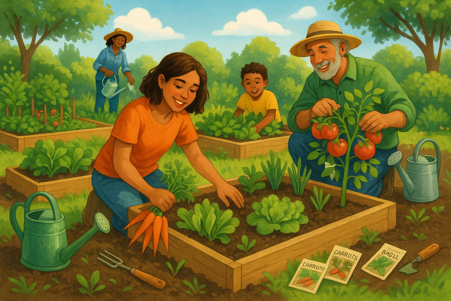 a family growing their own food