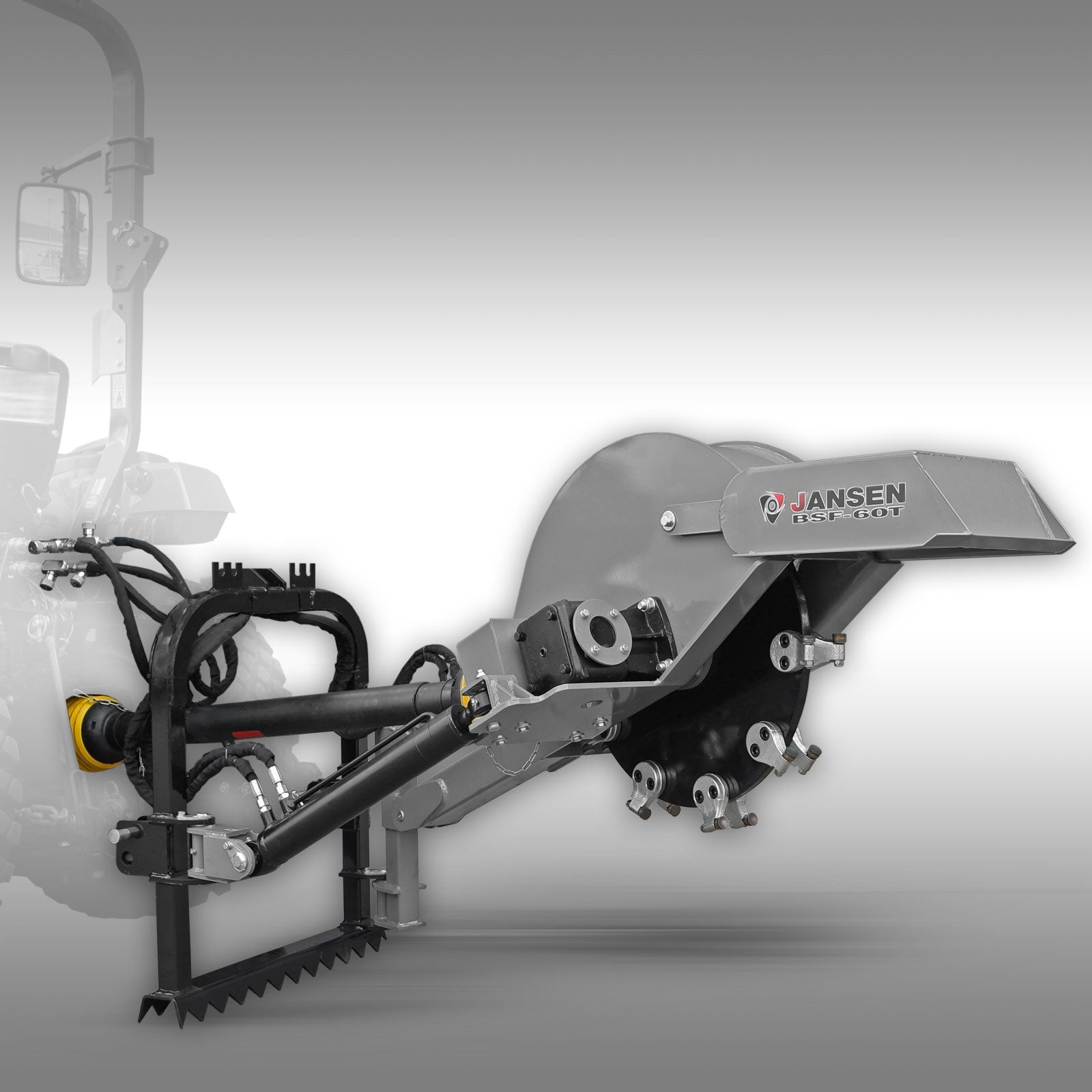 a Jansen BSF-60T stump grinder that attaches to a tractor