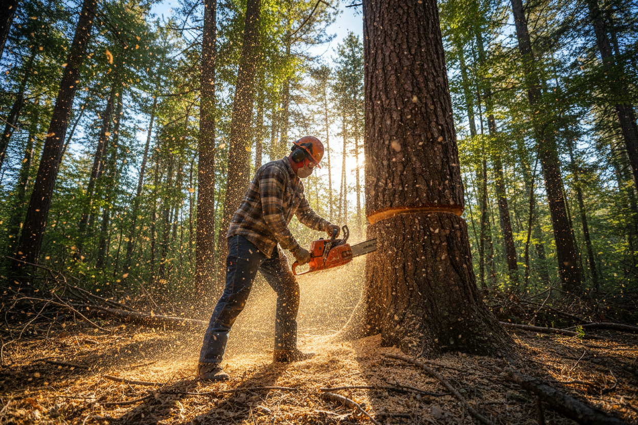 A person in a forest cutting down a tree using a chainsaw with sawdust in the air twinkling like stardust on a sunny day