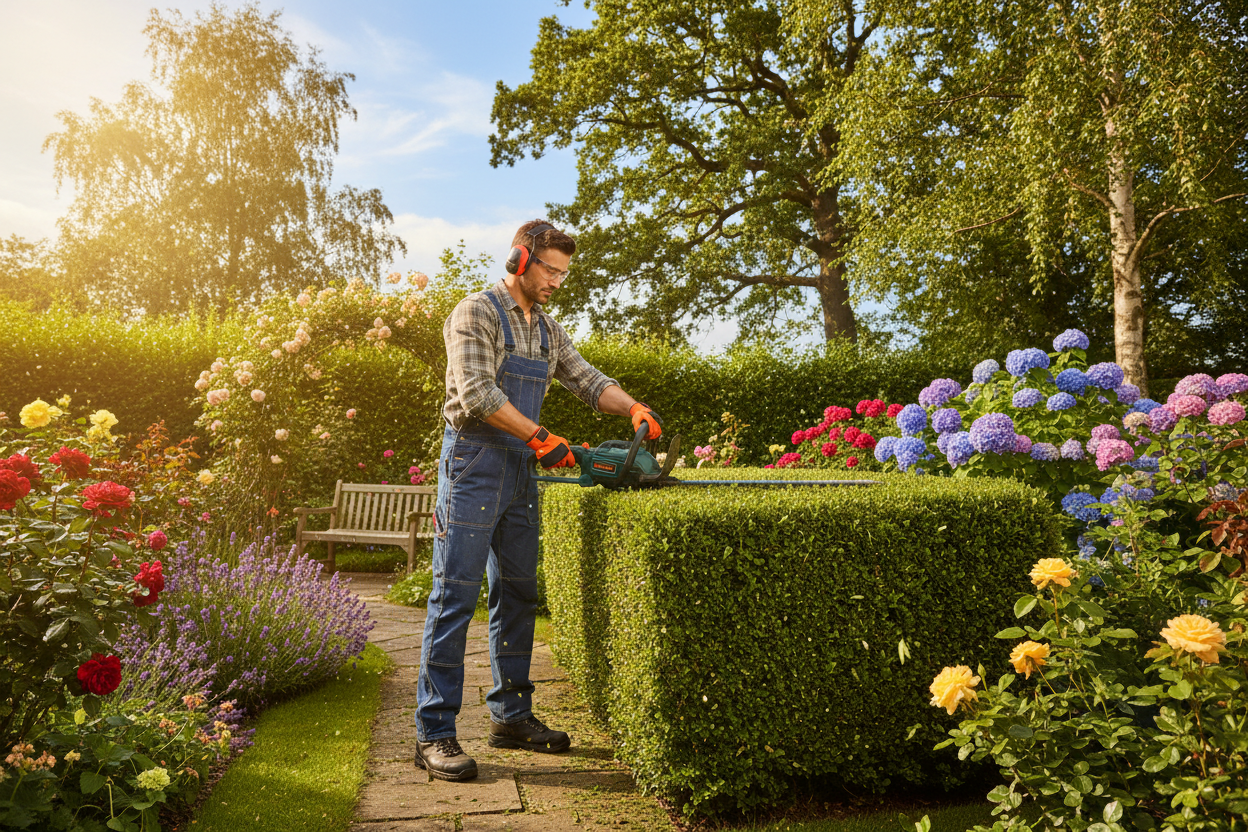 a person in a garden on a sunny day using a Taille-Haies ti tidy and trim a hedge 