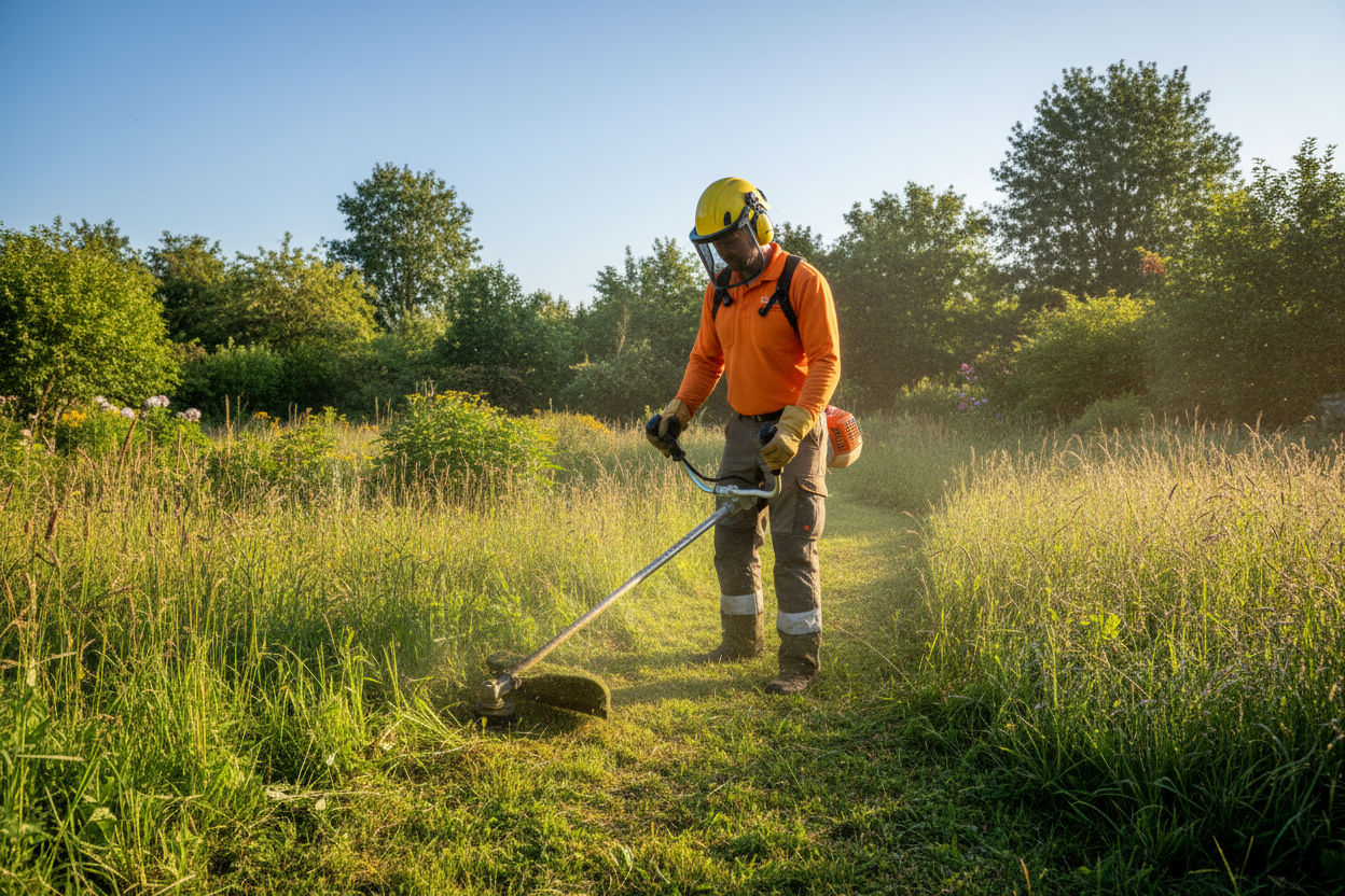 a person using a "débroussailleuses" to clear tall grass in a garden on a sunny day
