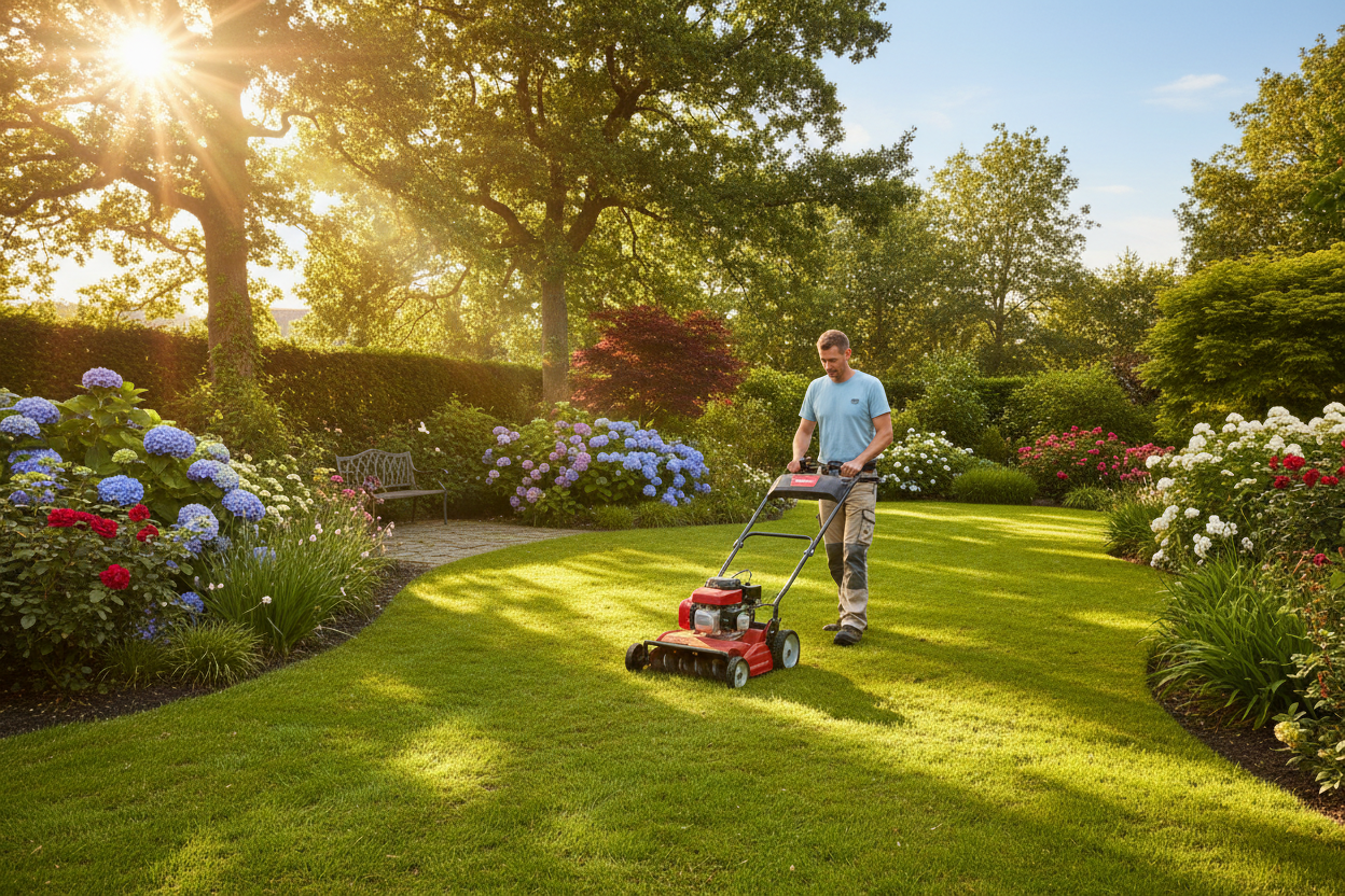 a person using a Scarificateur in a garden on a sunny day