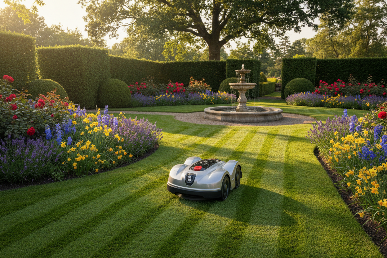 a robotic mower cutting the grass in a well maintained garden on a sunny day