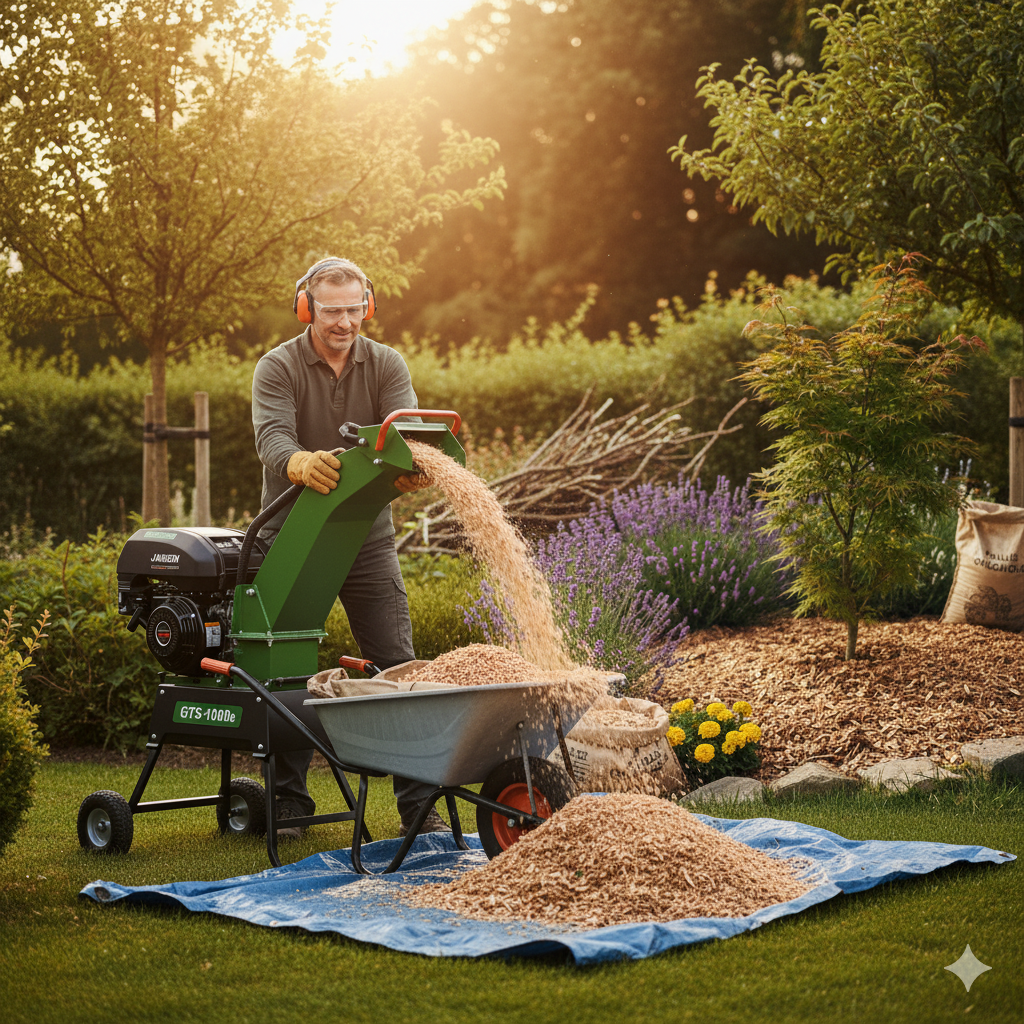 a man using a wood chipper in a garden