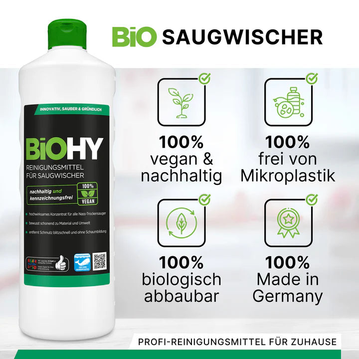 BiOHY détergent pour raclettes aspirantes, nettoyant pour aspirateurs eau et poussières, entretien des sols, nettoyant bio Ma Maisons