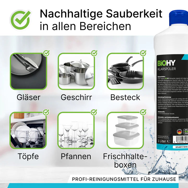 BiOHY produit de rinçage, nettoyant pour verre lave-vaisselle, nettoyant pour lave-vaisselle, nettoyant pour couverts 1L Ma Maisons